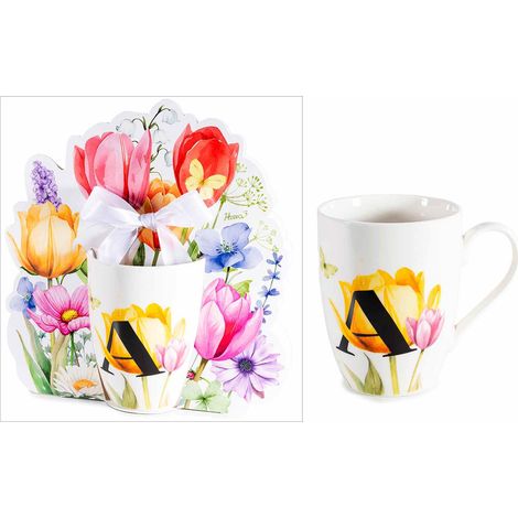 Tasses en porcelaine imprimé floral et initiale A en coffret cadeau découpé avec nœud, lot de 3, tasse : diam. 8 cm x H. 10,5 cm