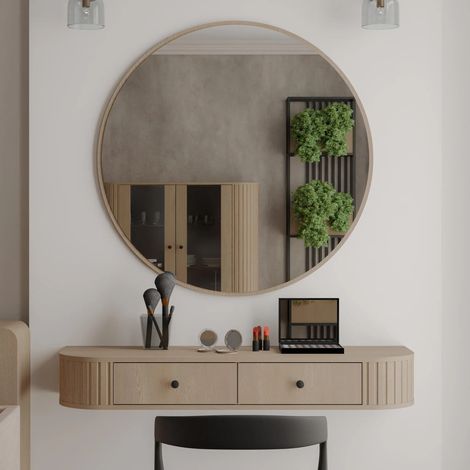 AX LIVING Schminktisch Halay Eiche Cremona 2 Schubladen mit runden Kanten + Rund Spiegel 100 cm