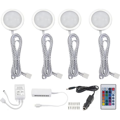 Lot de 4 spots LED RGB (7 couleurs) 12V pour éclairage intérieur de caravane, camping-car, bateau, fourgon aménagé, avec télécommande 24 touches (1/5)