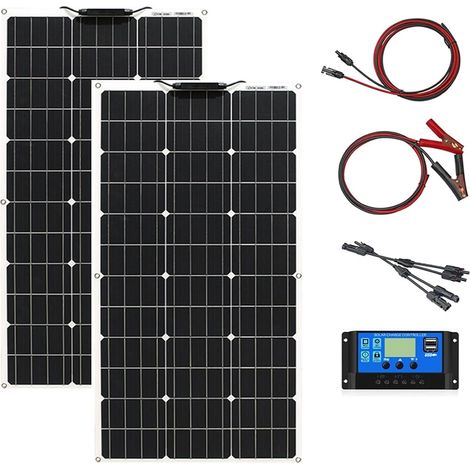 200W 12V Panneau Solaire Flexible Kit 2pcs 100W 18V Monocristallin Photovoltaïque Panneaux,20A Contrôleur Solaire pour Maisons RV Bateau Voiture Caravane batterie 12V/24V (1/5)
