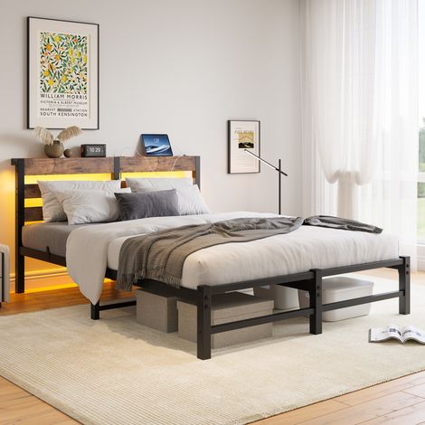 DESVIAE Lit double 140 x 190 cm avec éclairage LED RGB et station de charge USB cadre de lit en métal et bois avec rangement sous le lit tête de lit avec tablette noir marron (1/5)