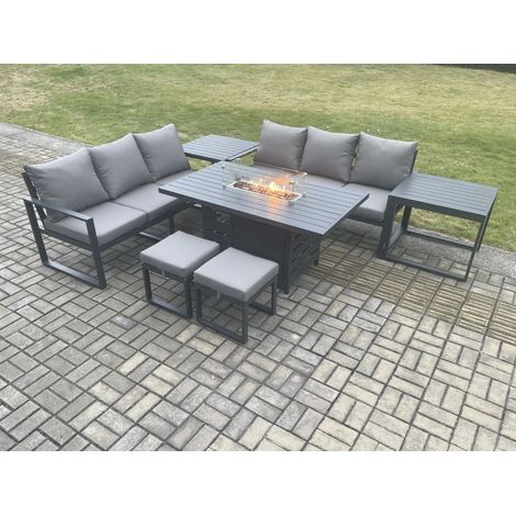 Fimous Aluminium 8 Seater Outdoor Garden Furniture Lounge Sofa Set Gas Fire Pit Dining Table with 2 Small Footstools 2 Side Tables Dark Grey (1/5)