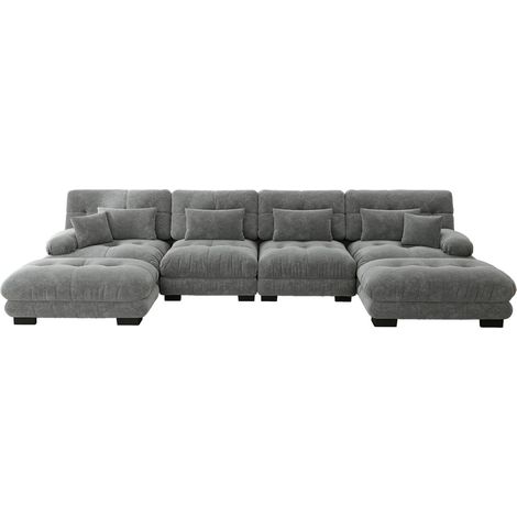 Divano angolare modulare a U 4 posti in chenille grigia con ottoman mobile MODENUIT (1/5)