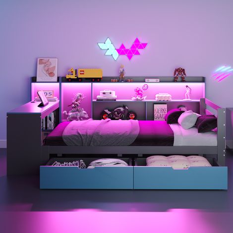 letto 90x200 con scrivania LED USB cassetti nero blu OKMYHOME (1/5)