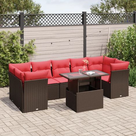 Ensemble salon de jardin 8 pièces en rotin PE marron avec table réglable et coussins rouges - PANGIVO (1/5)