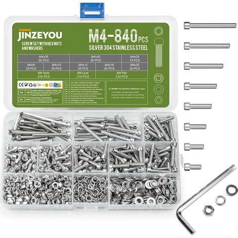840 Pièces Set de Vis M4, Boulons Vis et écrous, Vis à Tête Cylindrique à Six Pans Creux en Acier Inoxydable, Vis Boulon et écrous et Rondelles Kit pour Réparation Bricolage (1/5)