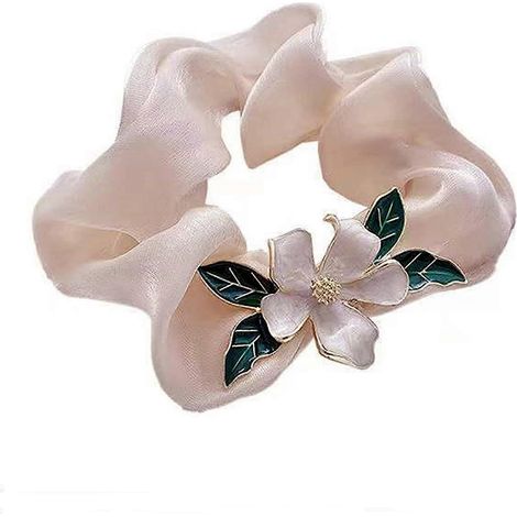 Chouchous en soie Gardenia, chouchous en satin doux, chouchous à queue de cheval fleuris au tempérament féérique, coiffe (blanc cassé) (1/4)