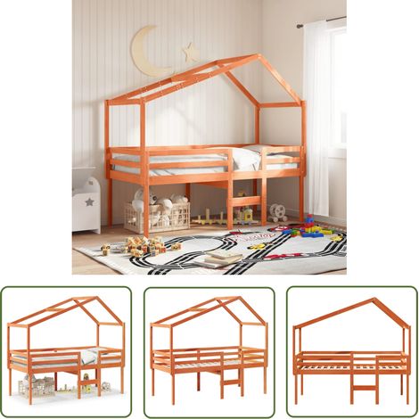 The Living Store Lit haut sans matelas cire marron 80x200 cm bois de pin massif - Lit Enfant - Lit Surélevé - Lit Cabane - Lit Design - Meuble Enfant (1/5)