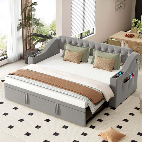 Lit banquette extensible 90/180x190 cm gris en velours, USB et USB-C, accoudoirs avec rangements, sommier 22 lattes inclus (1/5)