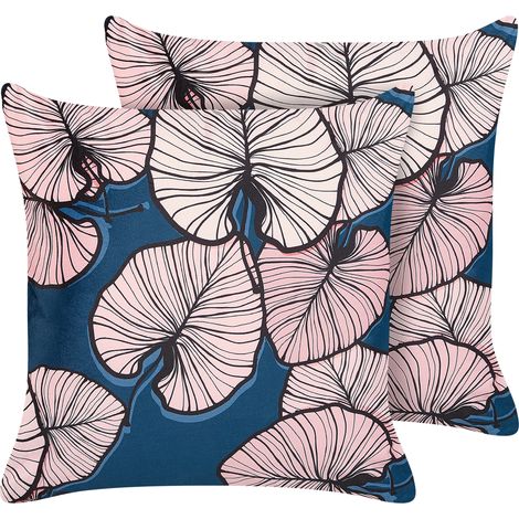 Conjunto de 2 cojines de poliéster azul rosa 45 x 45 cm patrón hoja Chrysanthemum