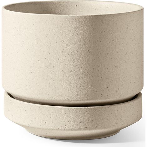 Keramik Blumentopf 30 cm mit Untersetzer, groß, unglasiert, atmungsaktiv, Sand-Beige (1/5)