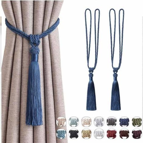 Lot de 2 embrasses de rideaux longues à pompons faites à la main en corde tressée avec nœuds de style européen pour décoration (1/4)
