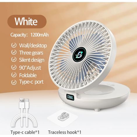Ventilateur de bureau pliable 2 en 1 (blanc, avec batterie), climatiseur portable/ventilateur mural, rechargeable, trois vitesses de ventilation (1/5)