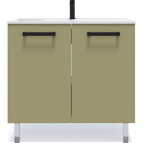 Meuble de salle de bain suspendu avec pieds vasque intégrée 90cm 2 portes Vert olive - Chelsea (1/5)
