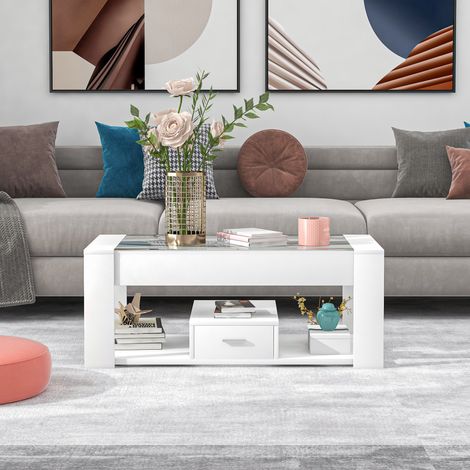 Couchtisch Rechteckig, mit 2 Schubladen, Platte aus Gehärtetem Glas und Offenem Fach, 100×50×40 cm, Weiß (1/5)