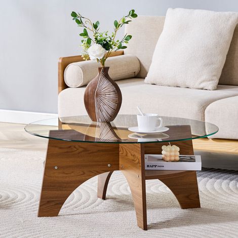 Table de service moderne et ronde – Verre sécuritaire – Diamètre 80 cm – Structure compartimentée – Pieds MDF aspect bois de noyer – Idéale salon, salle à manger, bureau (1/4)