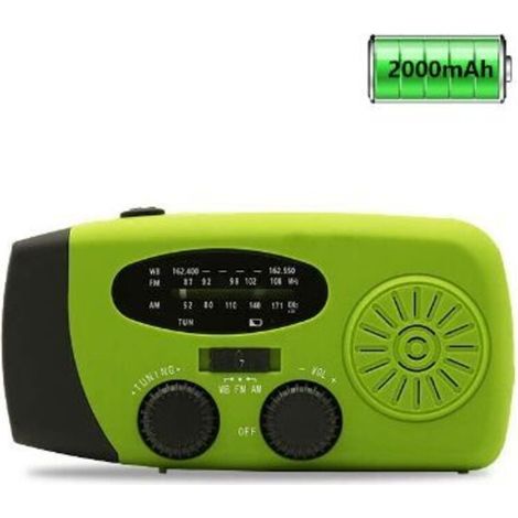Radio météo solaire d'urgence, kit anti-sismique, manivelle, auto-alimentée, AM/FM/WB, radio de survie à manivelle, lampe torche LED, batterie externe 2000 mAh pour iPhone et smartphones (vert) (1/5)