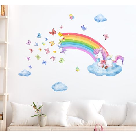 Autocollant Mural - Licorne Nuage Arc-en-ciel Papillon - Décoration Murale Auto-adhésif pour Chambre d'Enfant Salon Chambre à Coucher - 60 x 30 cm - 1 Pièce (1/5)