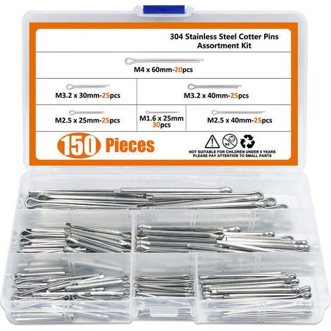 150-pieces 6 tailles en acier inoxydable 304 Cotter Pin Clip principales ultraconfortables Assortiment kit de montage pour automobiles, mécaniciens, garage, équipements de puissance de voiture (1/4)