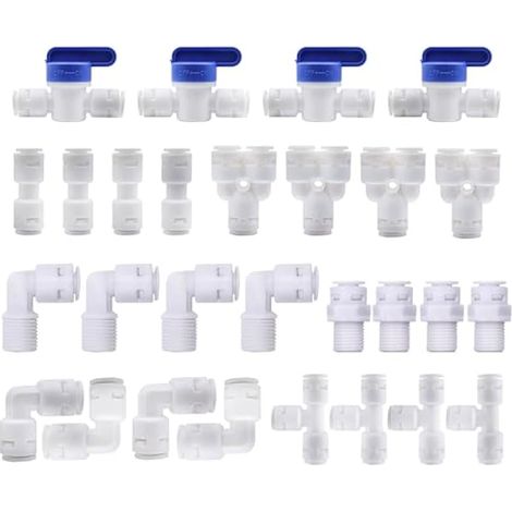 28 pièces Refrigerateur Tuyau Connecteur, 1/4" Kit Raccordement Frigo Filtre à Eau Universel Raccord de Connecteur pour Réfrigérateur Tuyau (Type Y + T + I + L + Robinet d'Arrêt) (1/5)