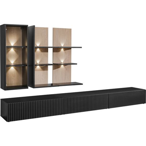 Ensemble meuble TV mural Soul avec vitrine et éclairage LED - Bois MDF noir et chêne Viking - 300 x 160 x 45 cm - Livraison gratuite (1/5)