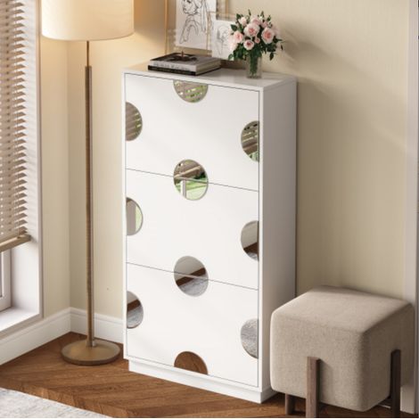 Meuble à chaussures 3 abattants avec miroirs ronds, rangement vertical pour entrée, 63 x 24 x 120 cm, MDF, blanc