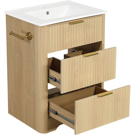 Freistehender Badschrank 61 cm aus Naturholz mit Keramikwaschbecken und 2 Schubladen (1/5)