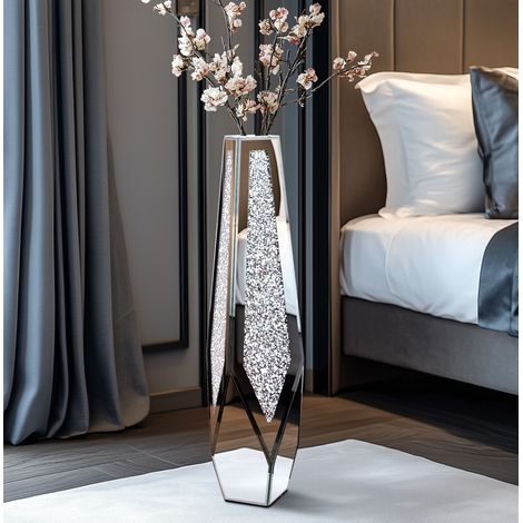 Haut Vase de Sol en Verre Cristal 85.5cm Grand Vases Argenté pour Pampas et Fleurs Séchées -  Diamants Décoration Salon Chambre Bureau Mariage