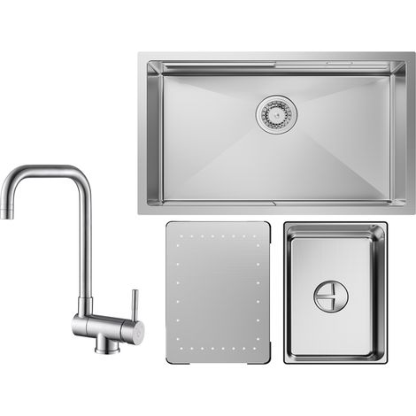 Cecipa Lavello da cucina a 1 vasca 70×44×21 cm Lavello in acciaio inox spazzolato con gocciolatoio e vasca + rubinetto da cucina pieghevole Miscelatore pieghevole davanti alla finestra spazzolata (1/5)