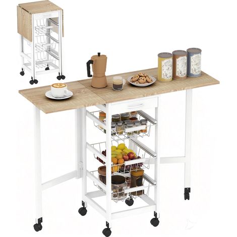 Chariot de cuisine pliable à 6 roues, 1 tiroir et 3 paniers métalliques, 97,2 x 37 x 77,5 cm, blanc et chêne (1/5)