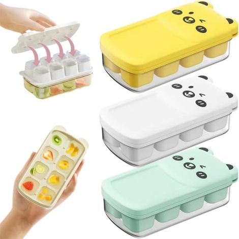 Ensemble de 3 moules à glaçons en silicone avec couvercle, bac de conservation des glaçons, empilables et compatibles avec les mini-congélateurs, motif panda. (1/5)