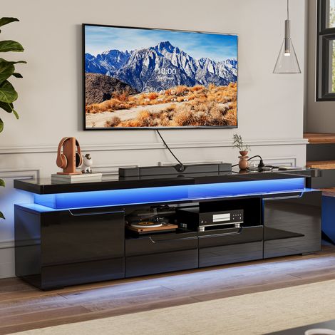 Meuble TV Design Noir 180cm - Table de Salon Moderne - Support TV Moderne LED - 2 Tiroirs et 2 Portes - Bloc Prises Intégré (1/5)