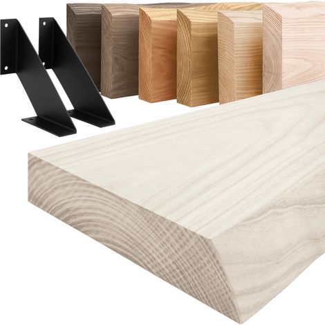 LAMO Manufaktur Étagère murale avec supports en V noirs Etagere 40 cm largeur pour salle de bain, couloir, cuisine style industriel Couleur: blanc, Bord: naturel Qualité artisanale, bois massif