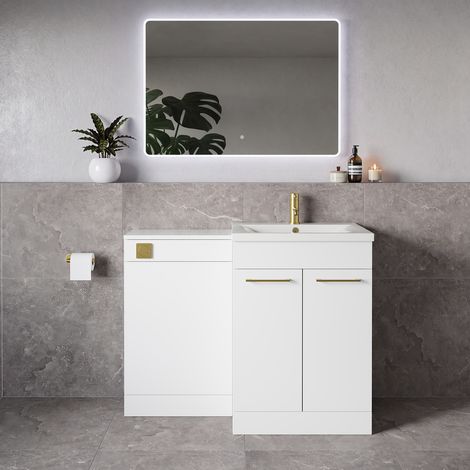 Napoli 460 Gloss White 1100mm 2 Door Vanity Unit Toilet Suite with Glide Basin - 1100mm - Brushed Brass 160mm HandleWithout Kingston Toilet Pan