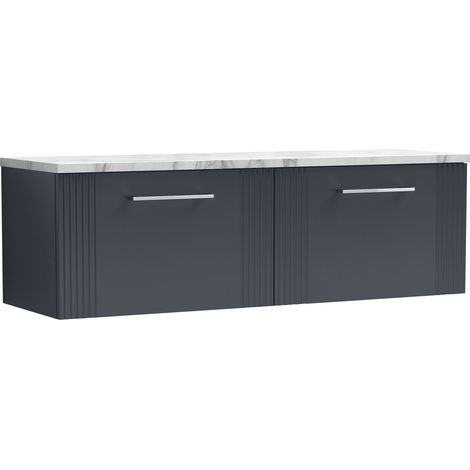 Belvide Partial Fluted 2 Drawer Wall Hung Vanity Unit with Carrera Marble Laminate Worktop - 1200mm - Satin Soft Black