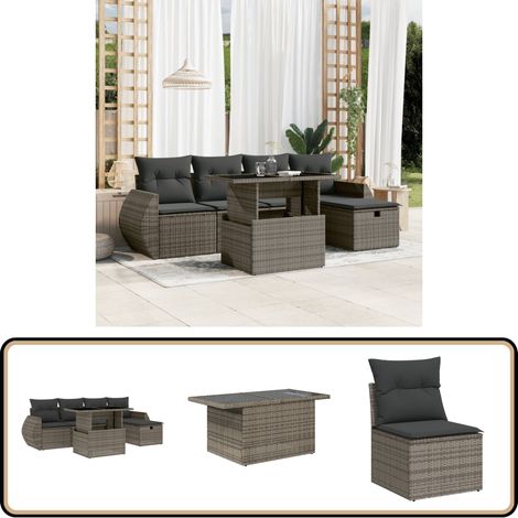 Salon de jardin 6 pcs avec coussins gris résine tressée - Ensemble Salon De Jardin - Mobilier De Jardin - Table Extensible - Chaise Lounge - Set De Jardin