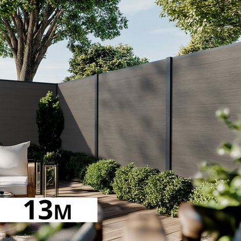 Kit Clôture Bois Composite Argent 12,85x1,8m CRUZ - Poteaux en Aluminium Gris - Brise Vue - Palissade