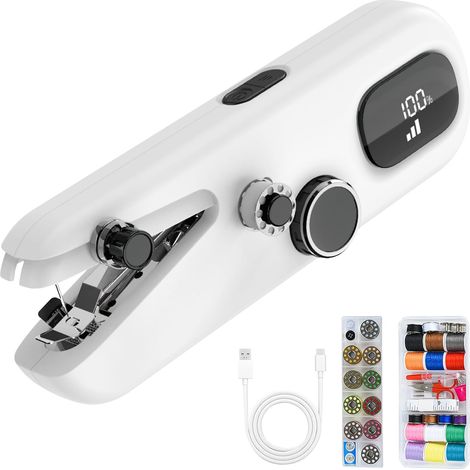 Machine à coudre portable électrique à manivelle, rechargeable avec verrou de sécurité et indicateur de puissance, 3 vitesses avec accessoires pour débutants, réparation d’urgence des vêtements (1/5)