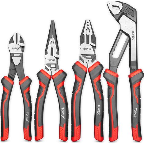 TOPEX 4 Piece Pliers Set with Ergonomic Non-Slip Handle (190 mm Diagonal Cutters, 200 mm Combination Pliers, 200 mm Long Nose Pliers, 250 mm Water Pump Pliers) for Demanding Tasks & Home Use (1/5)