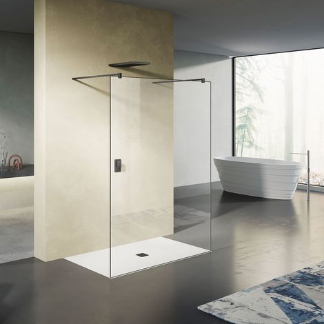 GRAND VERRE Paroi de douche fixe avec deux barres de fixation 140cm en aluminium noir mat 140x200 (1/4)