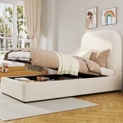 BATDTECH - Cama infantil 90x200 cm, Cama individual con somier, Cabecero acolchado de 9,5 cm con almacenaje hidráulico, Tapizado en terciopelo beige, sin colchón (1/5)