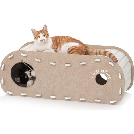Lit pour Chat d'intérieur, Grotte Extra Large pour Chat 80 cm Maison Confortable avec Boule Moelleuse à Suspendre, Lit cachette en Feutre résistant aux Rayures, Tunnel félin, Beige (1/5)