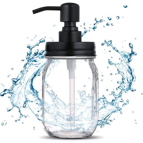 Distributeur de savon liquide en bocal Mason de 480 ml, en verre transparent, avec pompe en acier inoxydable antirouille. Idéal pour la salle de bain, les lotions et les savons liquides. (1/5)