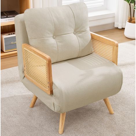 Sillón convertible 3 en 1 con respaldo reclinable en 5 posiciones, reposabrazos de ratán y tapizado en lino beige (1/5)