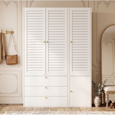 Armadio 3 ante a lamelle con 3 cassetti, 135 x 50 x 200 cm, bianco OKMYHOME (1/5)