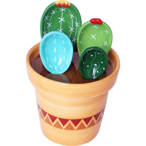 Cuillères À Mesurer En Céramique - Forme De Cactus Avec Pot-Porte-Cuillères - Pour Cuisine Et Pâtisserie - Lot De 4 Cuillères + 1 Pot-Mesure - Blanc Et Vert (1/5)