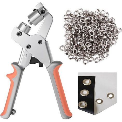 Pinza per occhielli + anello con 300 anelli occhiello da 10 mm - Pinza per occhielli per teloni - Adatta per tela, teloni, striscioni, pelle, tende da sole e tende.