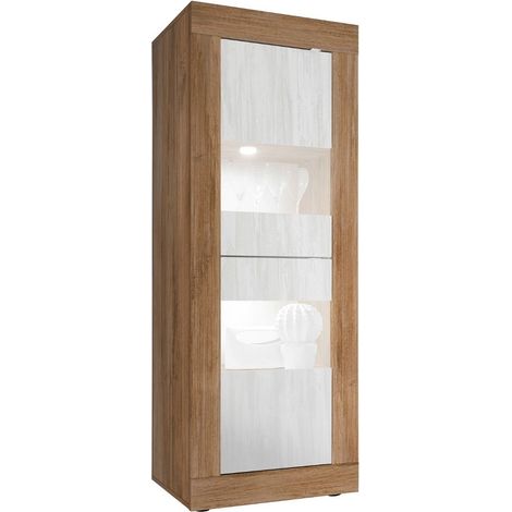 Vitrine 2 portes aspect bois finition Mercure façades blanc texturées et verre avec Leds - OTELLO