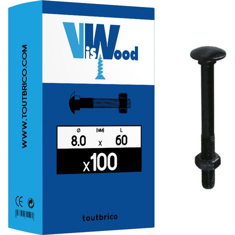 Lot de 100 boulons TRCC 8 X 60mm zingué noir – Tête ronde collet carré N°13 – Filetage partiel pour acier et béton – Viswood