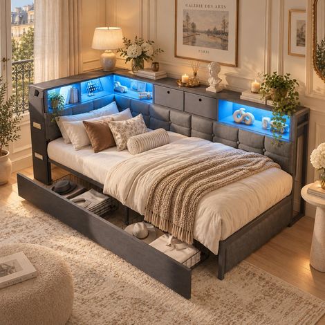 Lit double 140 x 200 cm – Lit adulte - Éclairage LED – ports USB –  2 tiroirs - Sommier à lattes - Espace de rangement sous le lit - Lin gris (1/5)